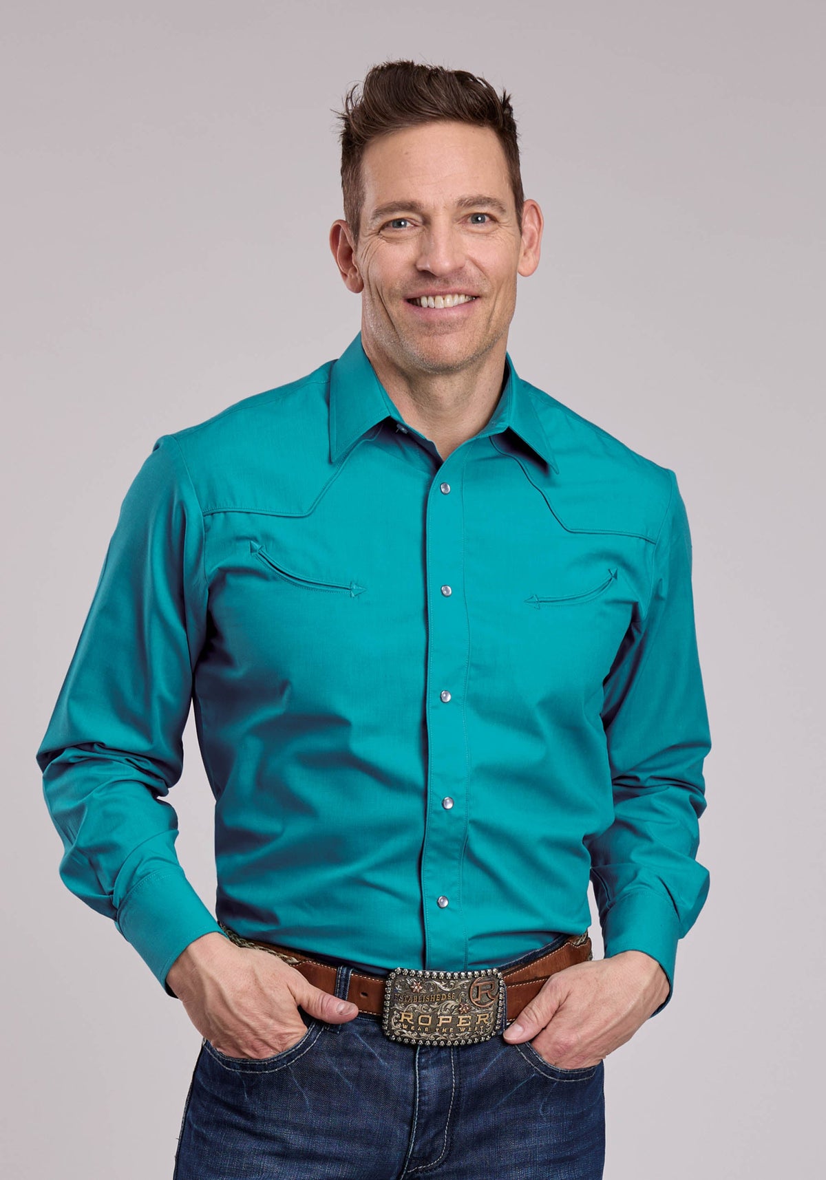 Mens Roper Solid Turquoise Long Sleeve Snap Shirt