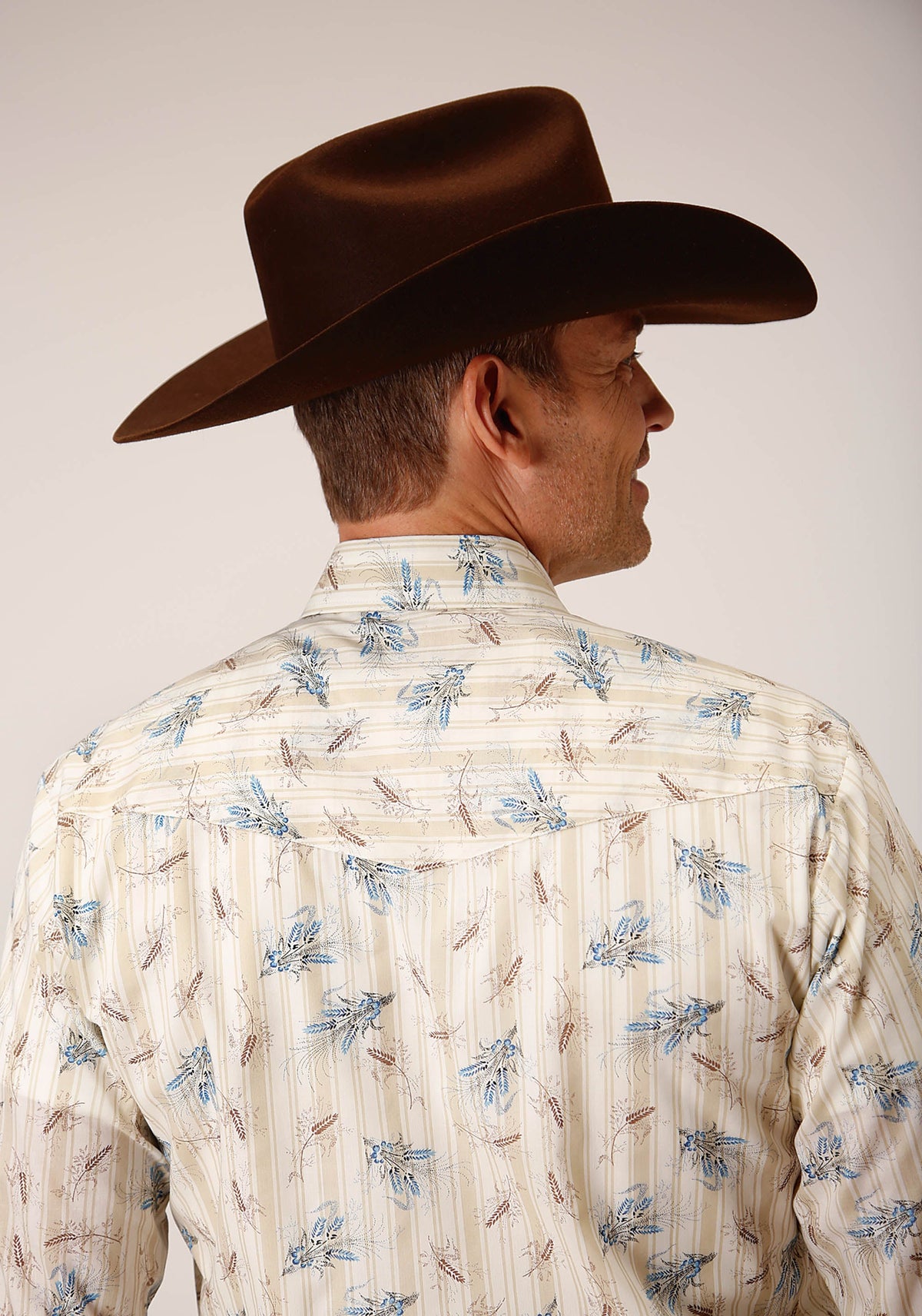 Mens Long Sleeve Snap Vintage Wheat Print Western Shirt