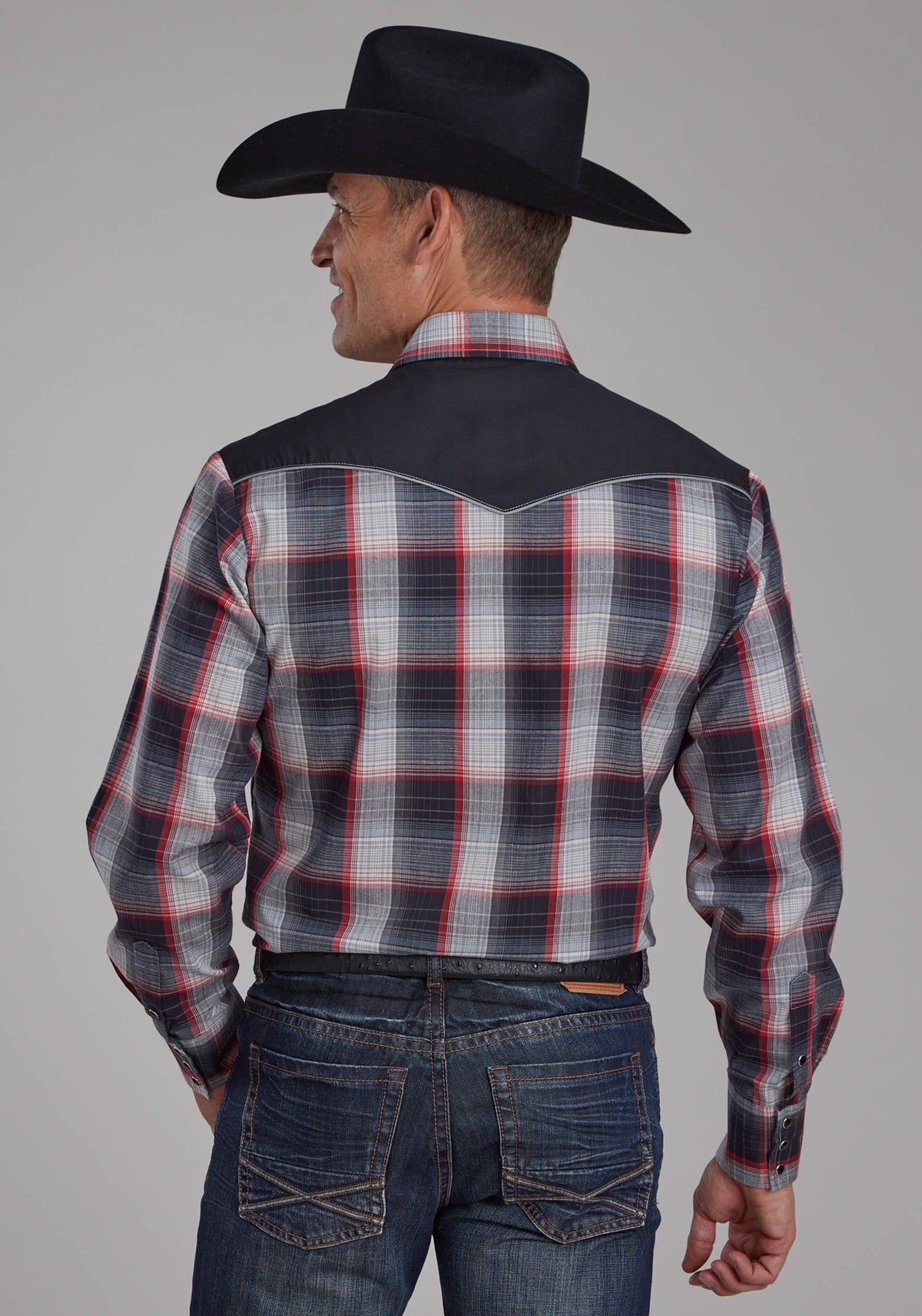 Mens Black Gray Cream And Red Plaid Long Sleeve Snap Western Shirt