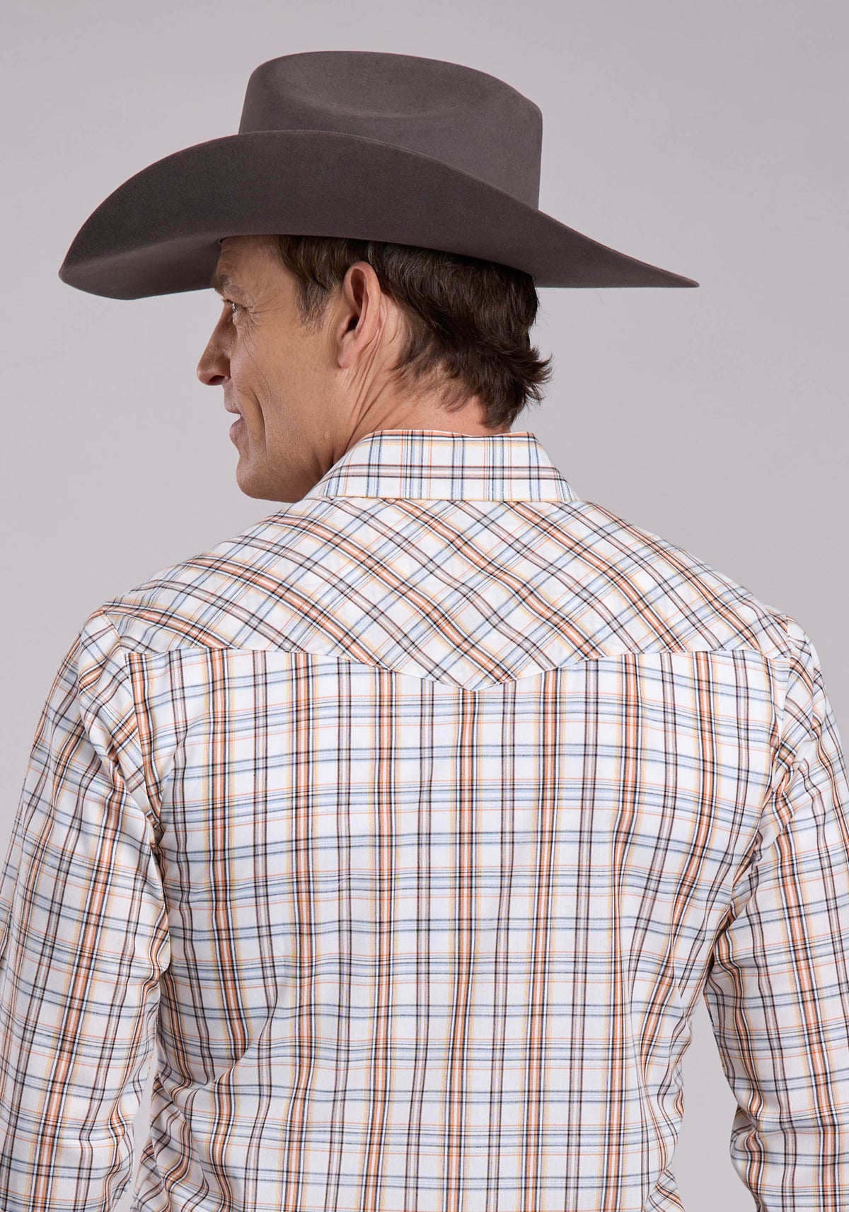 Mens Roper Cream Orange Plaid Long Sleeve Snap Shirt