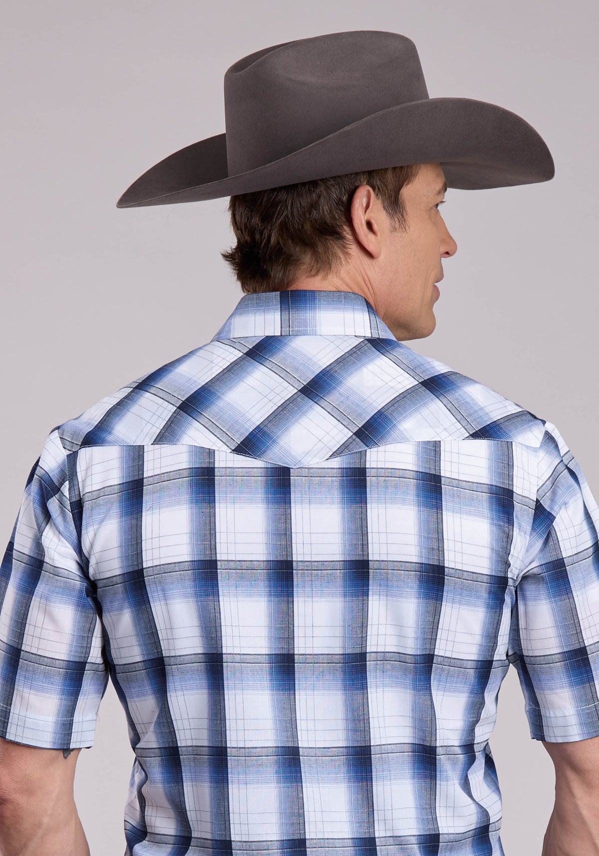 Mens Roper Black Blue White Plaid Short Sleeve Snap Shirt