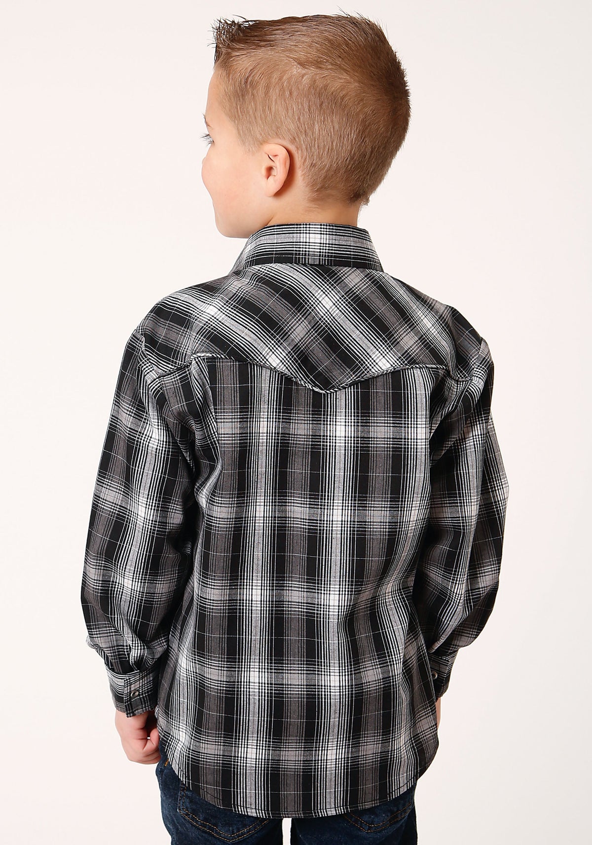 Boys Long Sleeve Snap Black And White Plaid Western Shirt