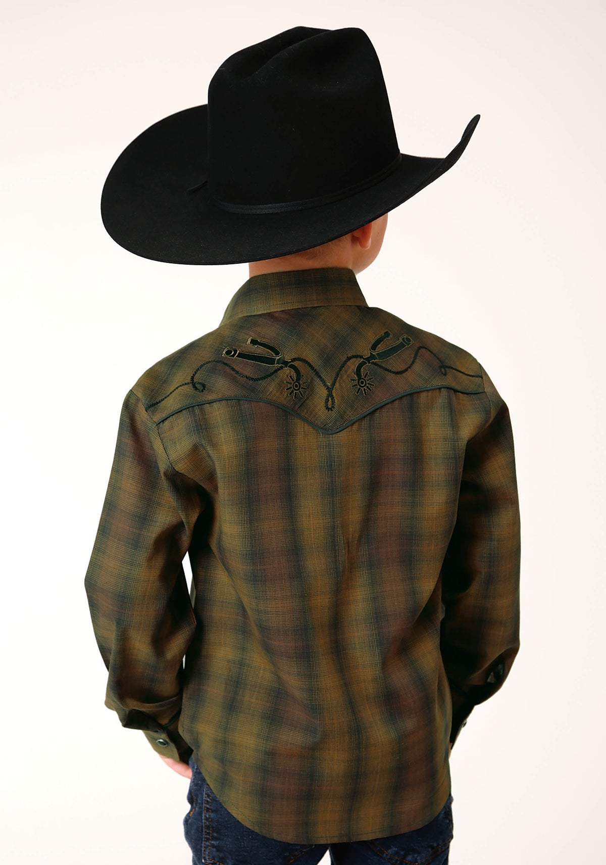 Boys Long Sleeve Snap Black Gold Plaid Western Shirt