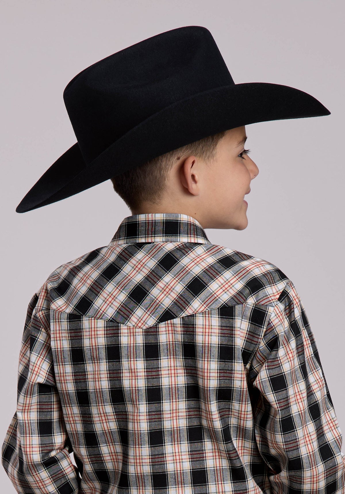 Boys Roper Black White Tan Plaid Long Sleeve Snap Shirt