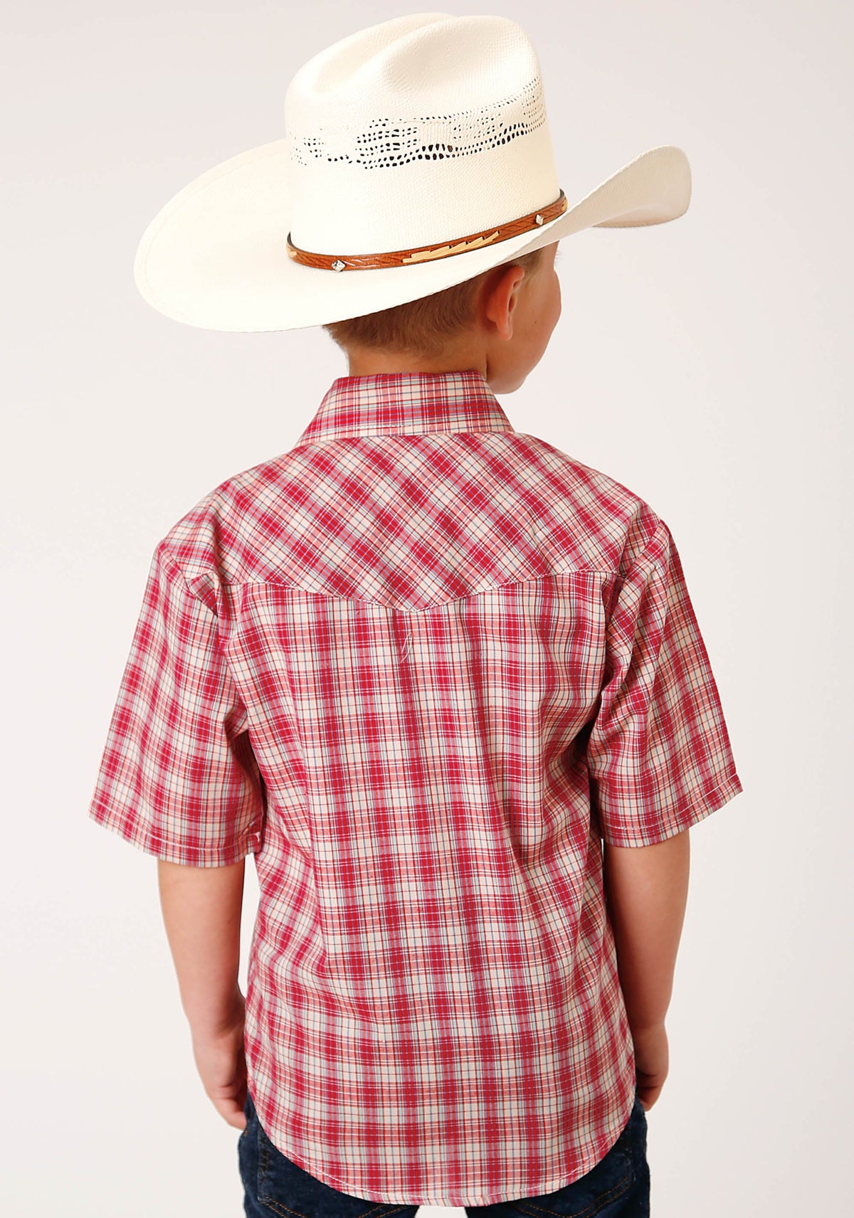 Boys Short Sleeve Snap Red And Multi Colored Small Scale Western Shirt