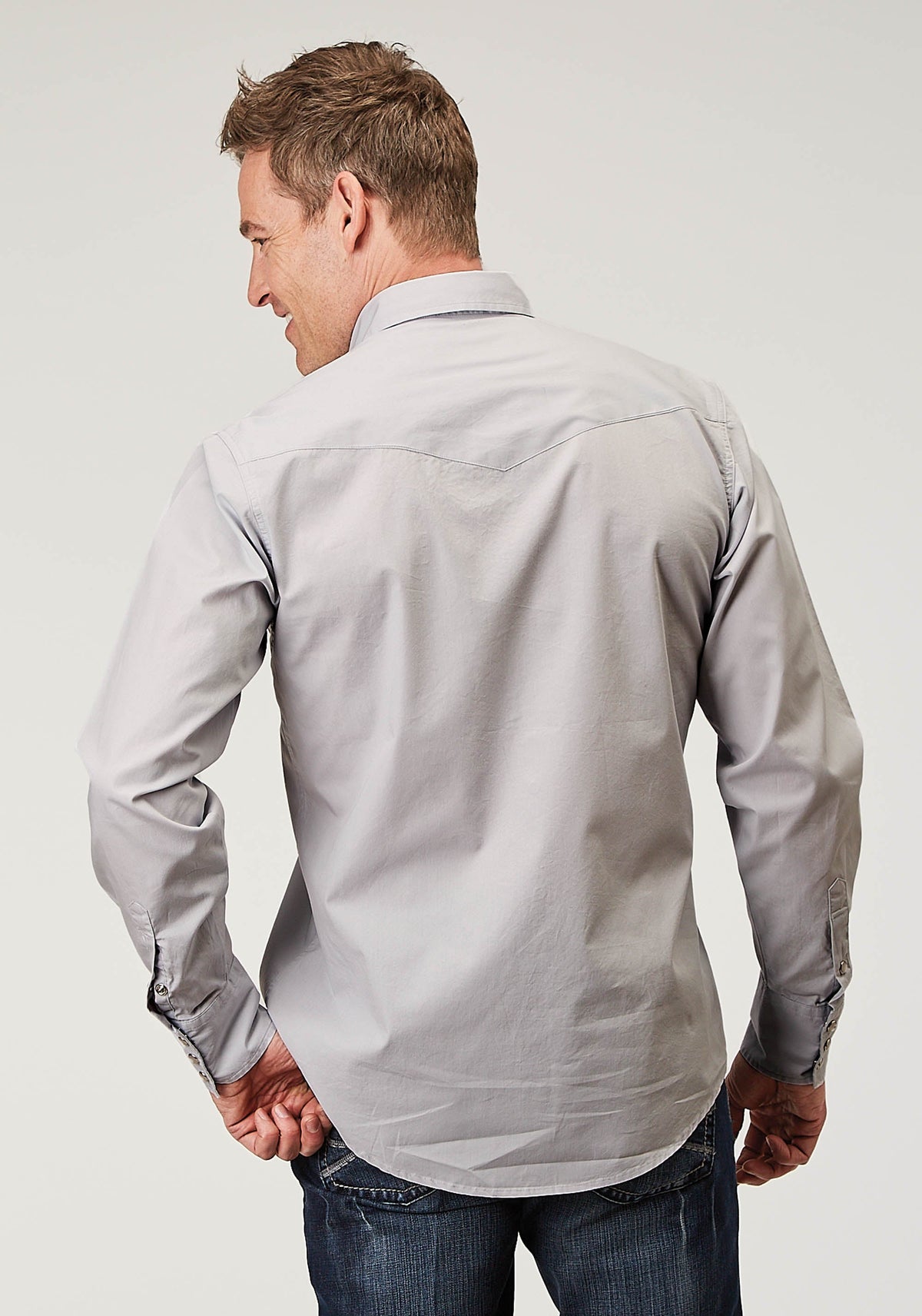 Mens Long Sleeve Snap Solid Poplin Grey Western Shirt