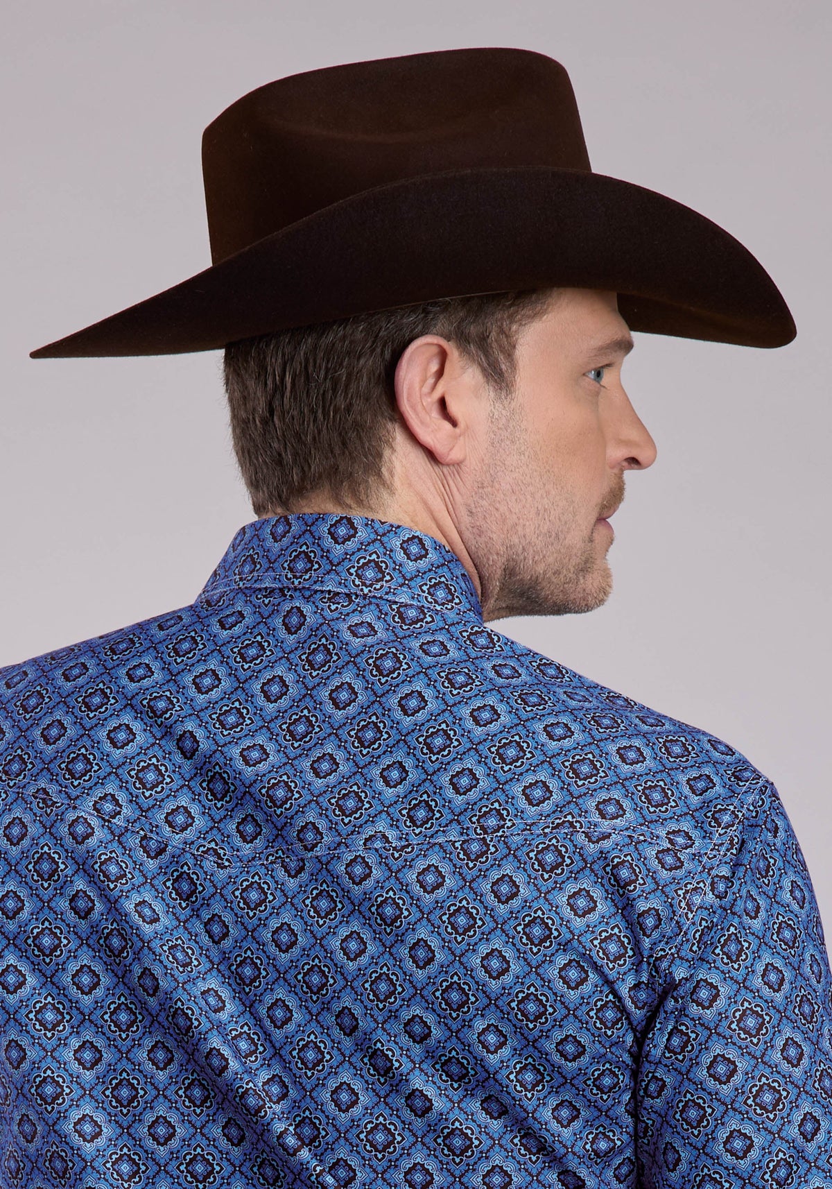 Mens Long Sleeve Snap Vintage Blue Medallion Paisley Western Shirt