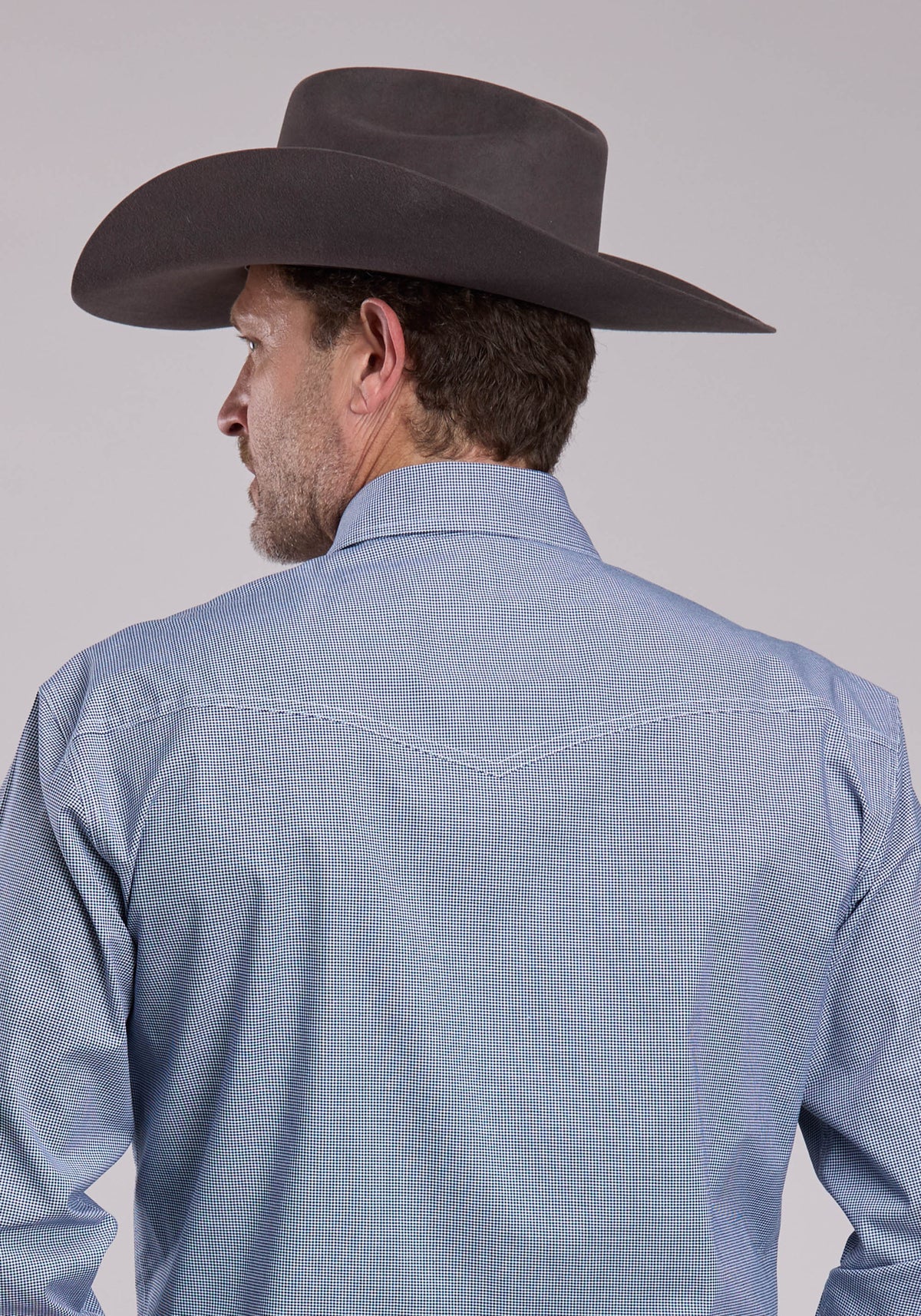 Mens Roper Navy Stretch Minicheck Long Sleeve Snap Shirt