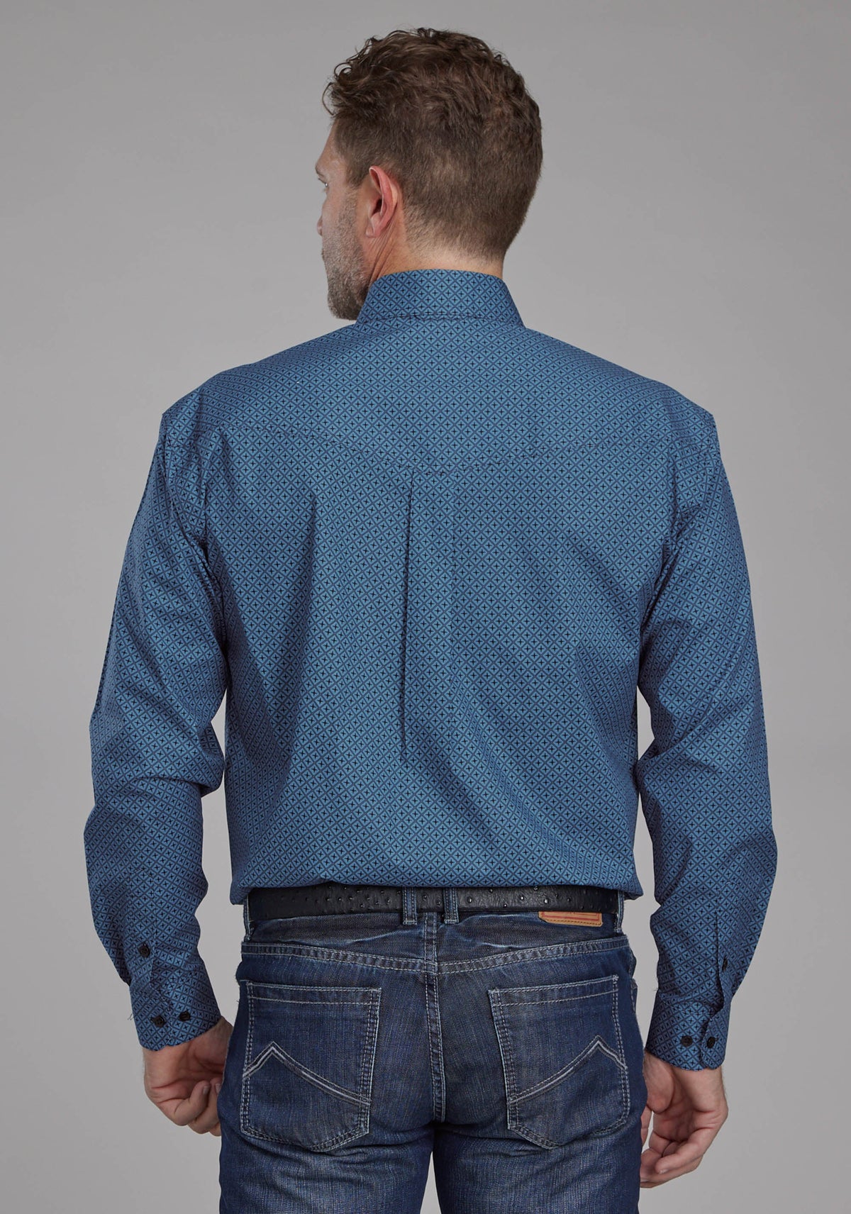 Mens Diamond Print Stretch Poplin - Blue Long Sleeve Button Western Shirt