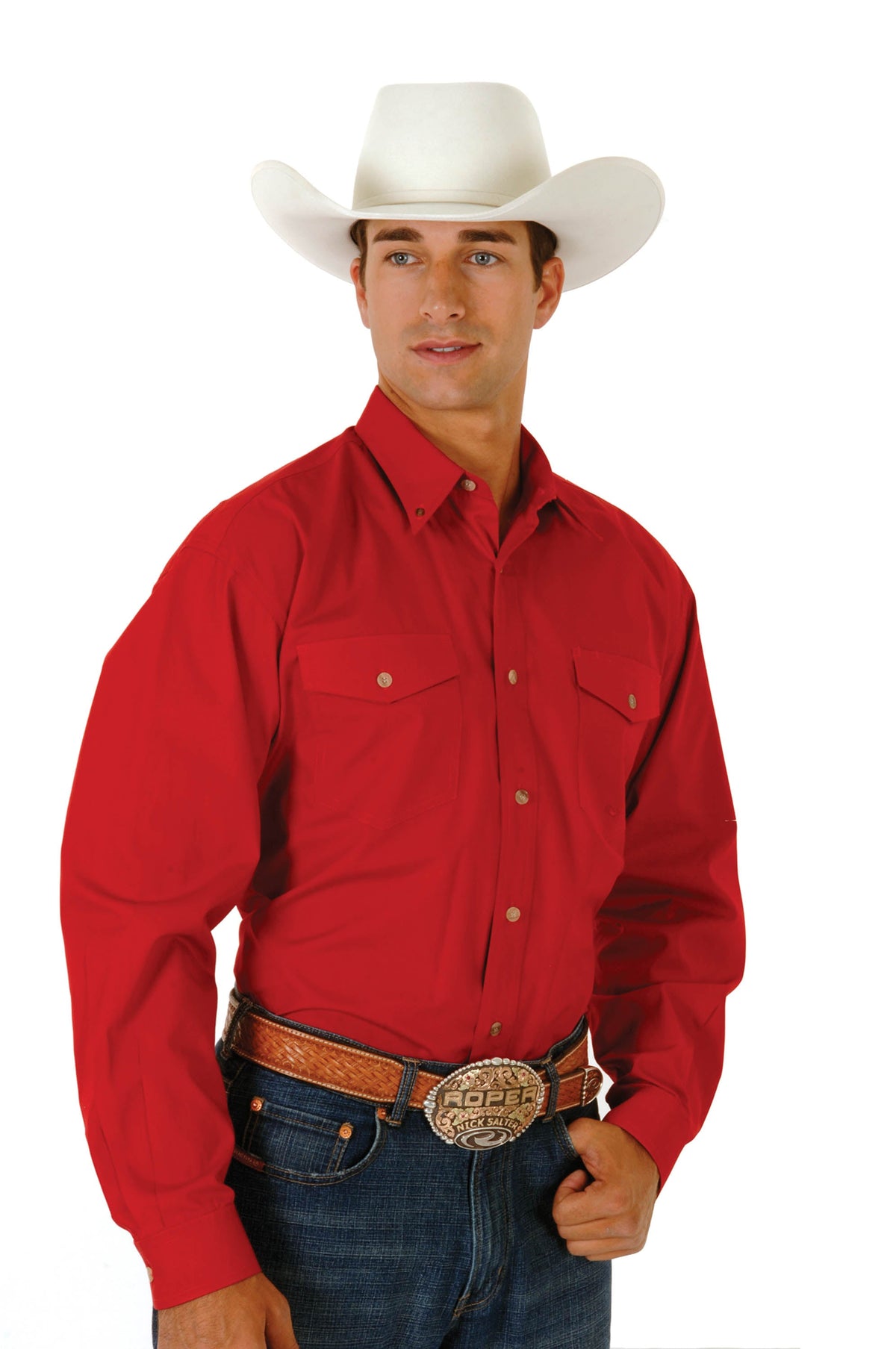 Mens Red Solid Long Sleeve Western Button Shirt