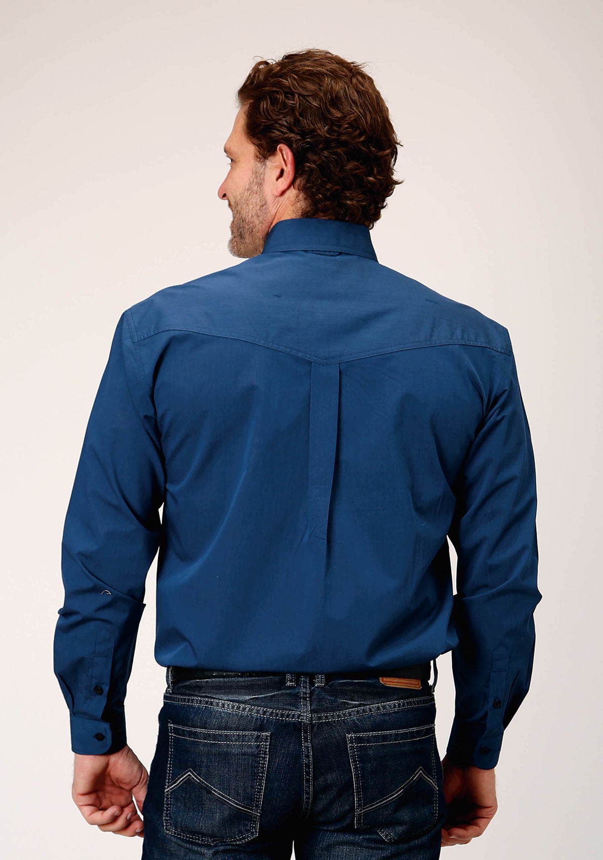 Mens Long Sleeve Button Black Fill Solid Blue Western Shirt
