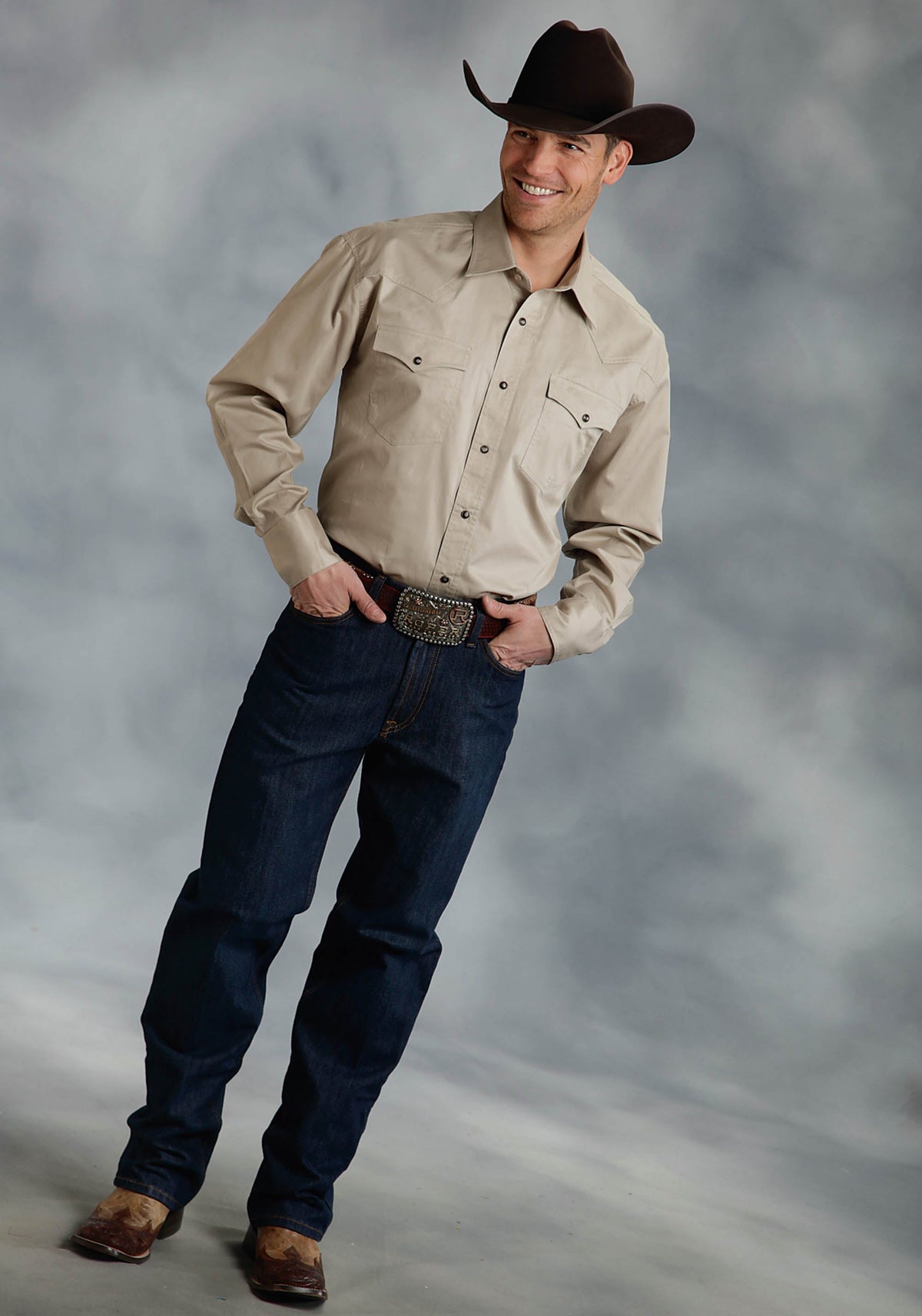 Mens Khaki Solid Long Sleeve Western Snap Shirt Tall Fit