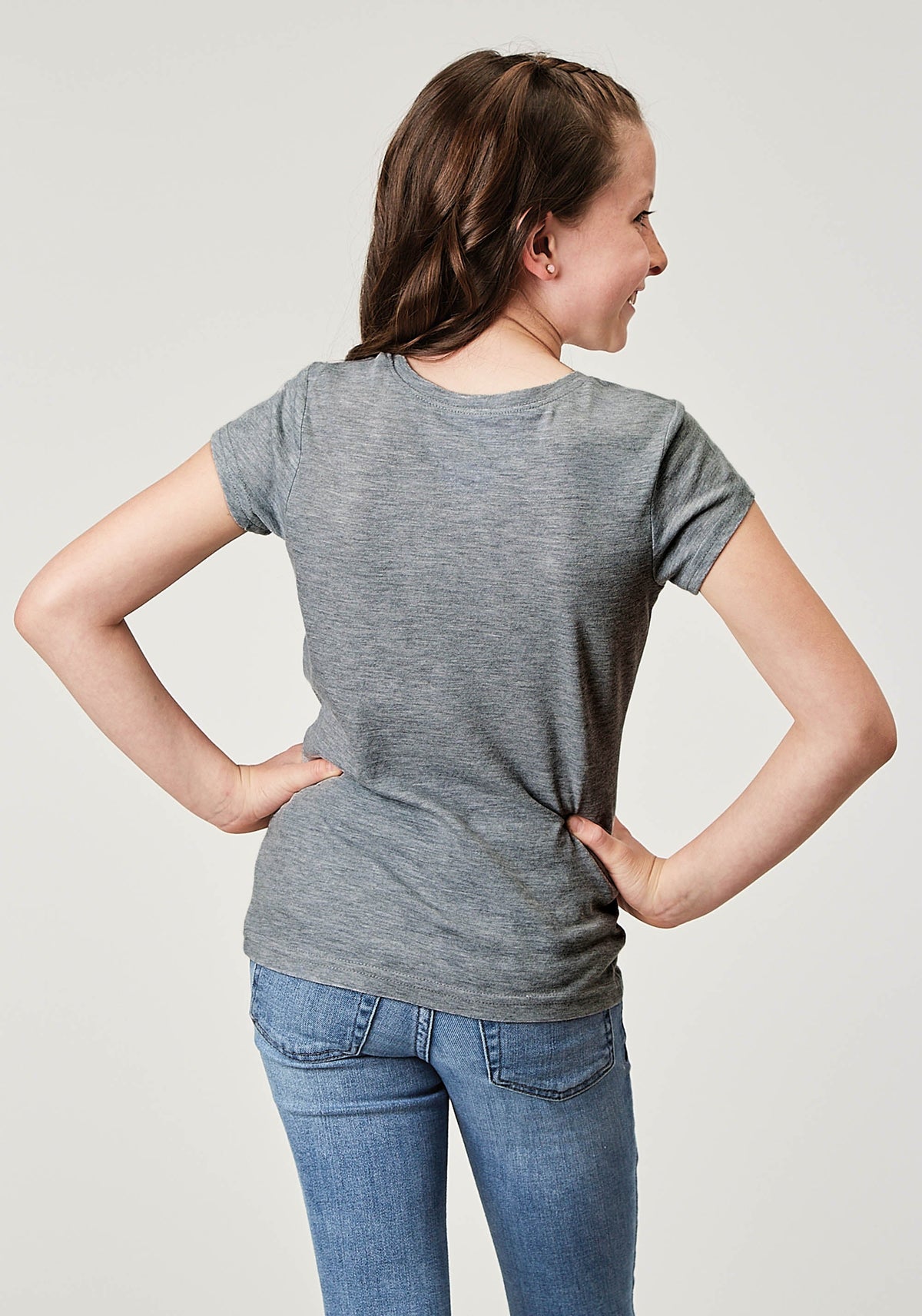 Girls Short Sleeve Light Grey Poly Rayon Western T Shirt With Screen Print