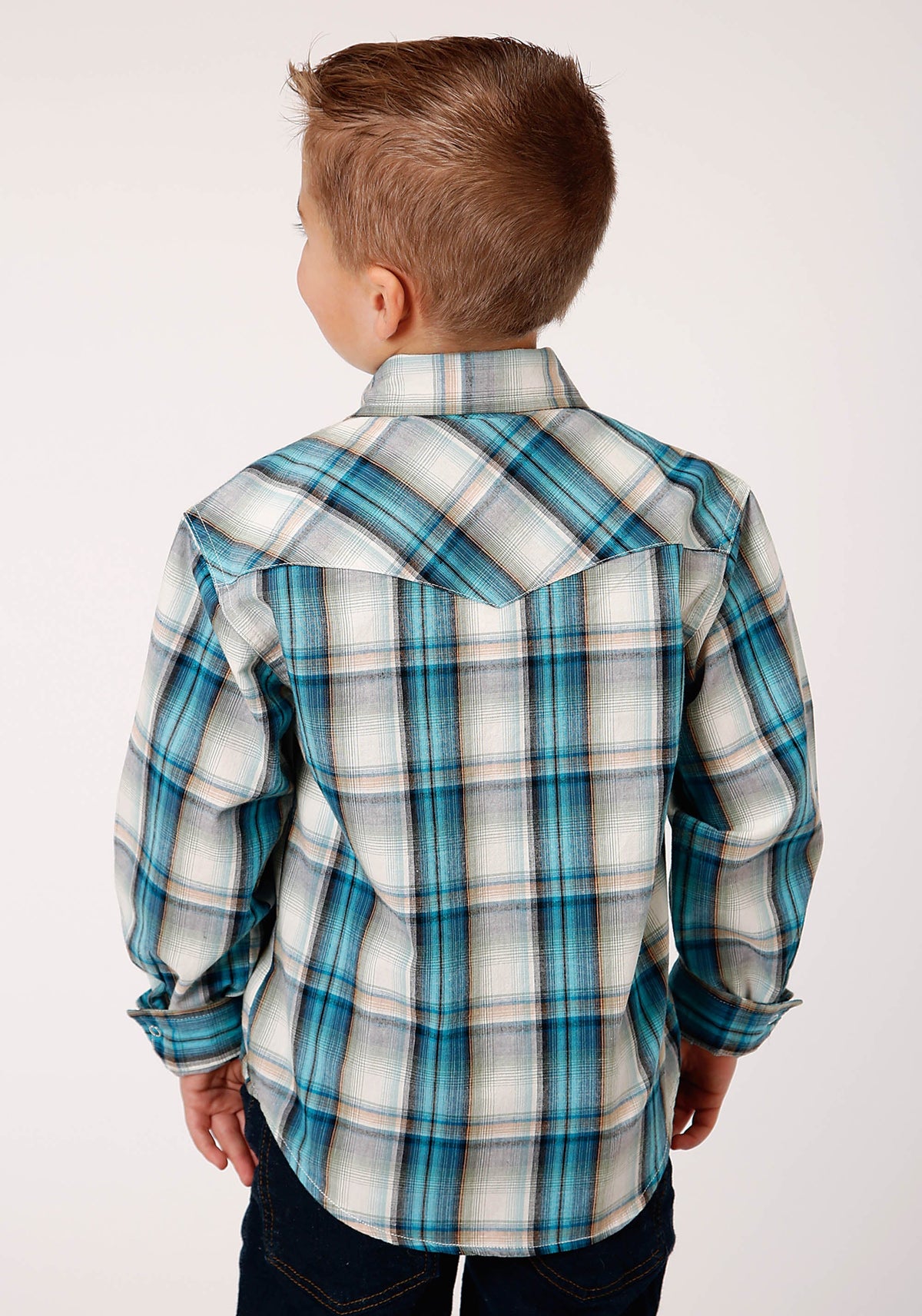 Boys Long Sleeve Snap Vintage Turquoise Plaid Western Shirt