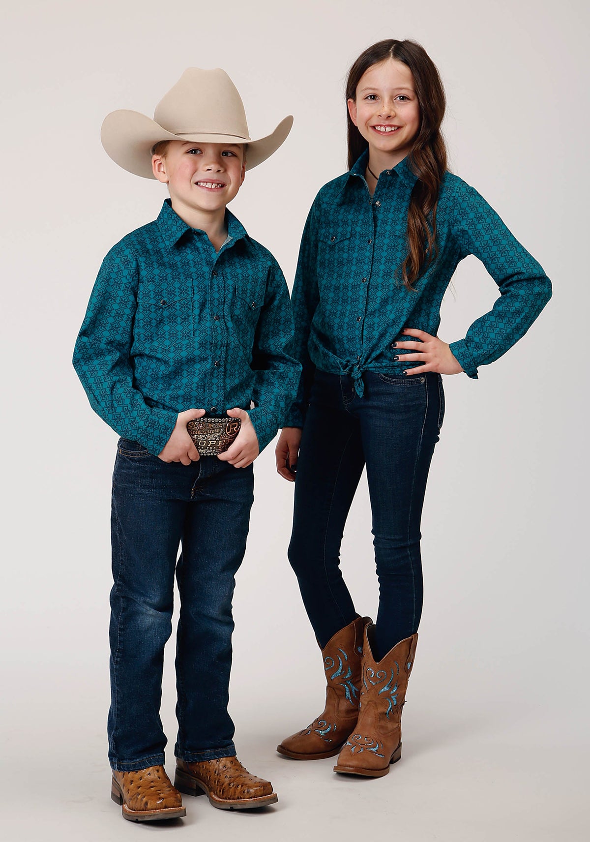 Boys Long Sleeve Snap Tiles Print Western Shirt