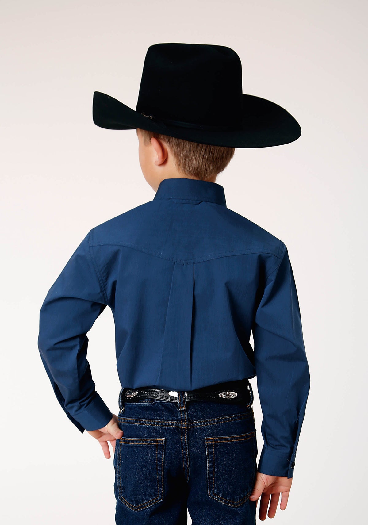 Boys Long Sleeve Button Black Fill Solid Blue Western Shirt