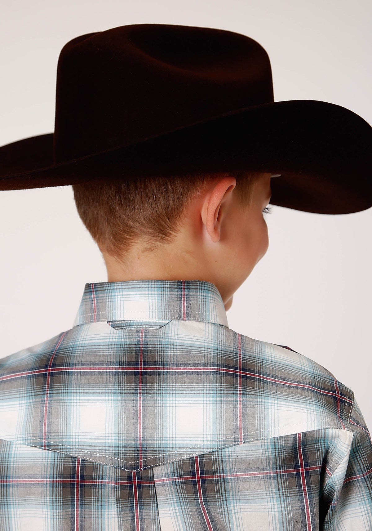 Boys Long Sleeve Button Olive Stretch Plaid Western Shirt