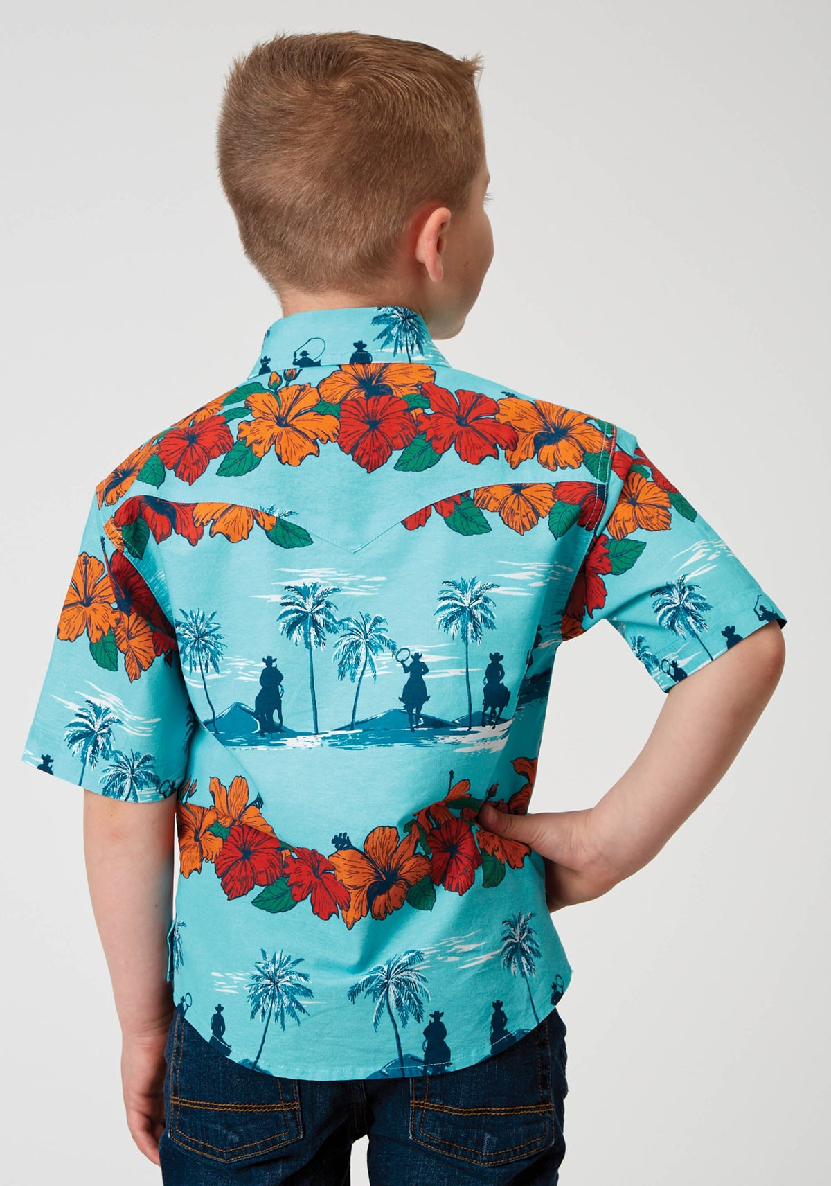Boys Short Sleeve Snap Hawaiian Print Western Shirt