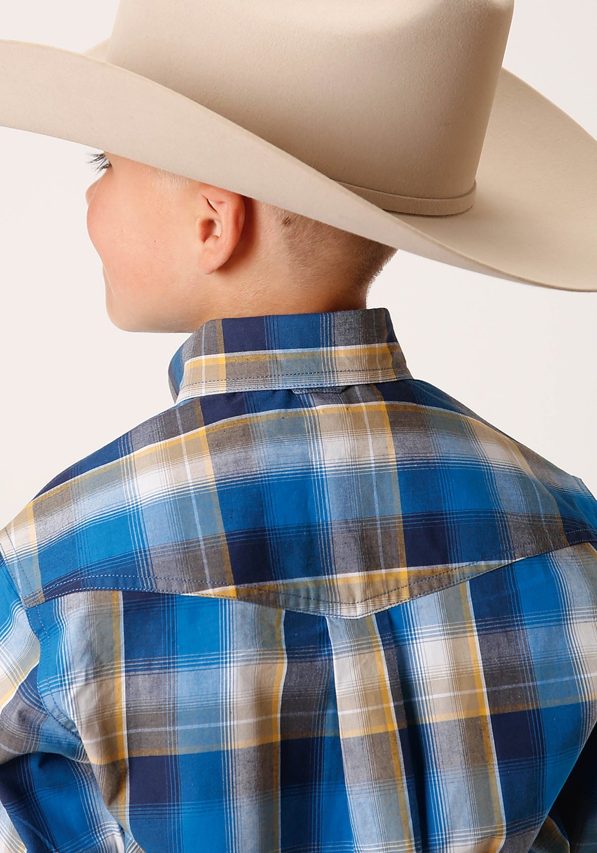 Boys Short Sleeve Button Clear Sky Plaid Western Shirt