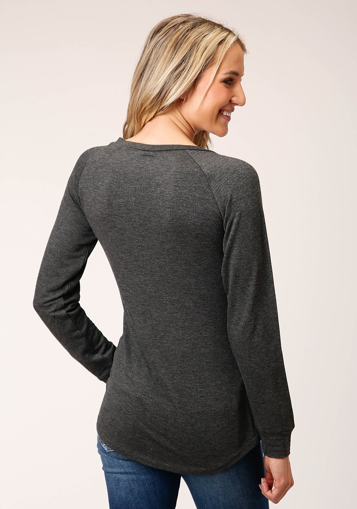 Womens Long Sleeve Knit Charcoal Heahtered Knit Top