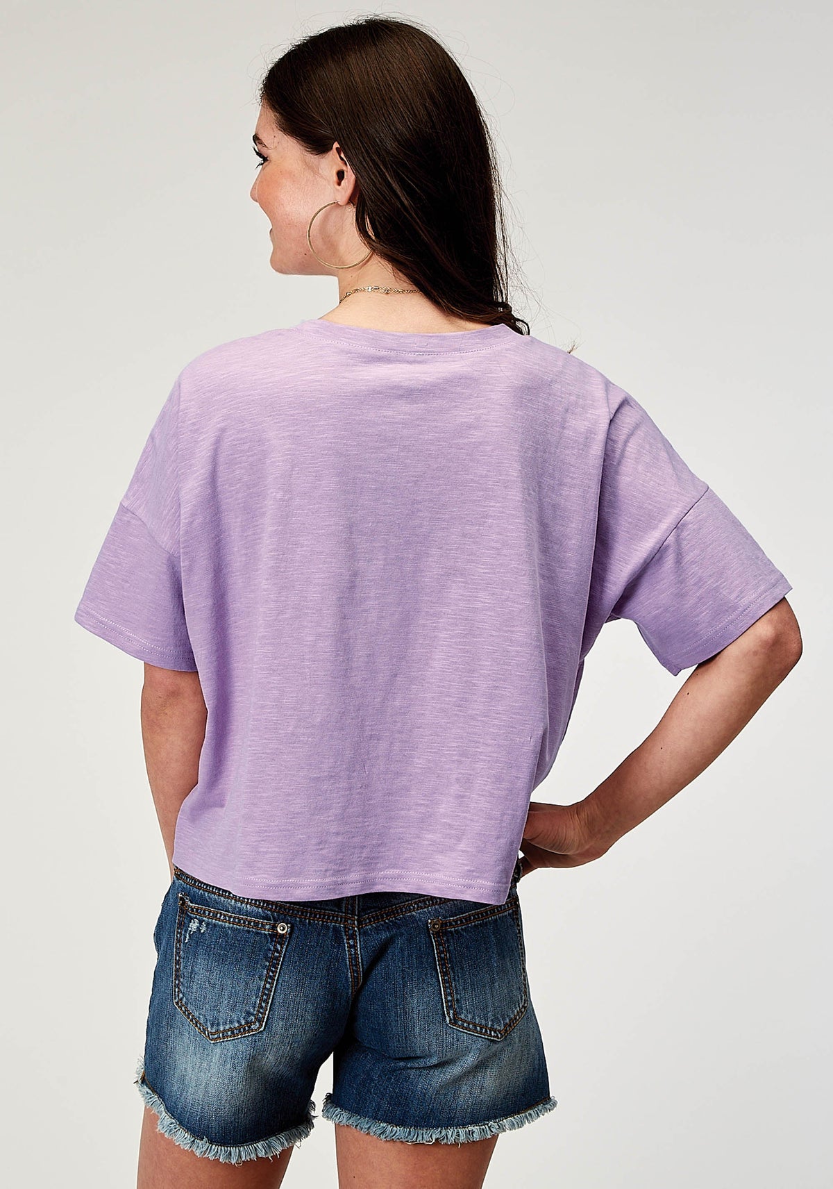 Womens Short Sleeve Lilac Cotton Jersey Slub Tee With Oversized Cropped Scr