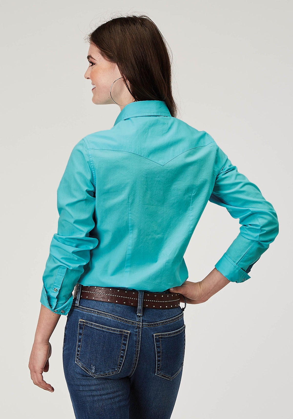Womens Long Sleeve Snap Solid Poplin Turquoise Western Shirt