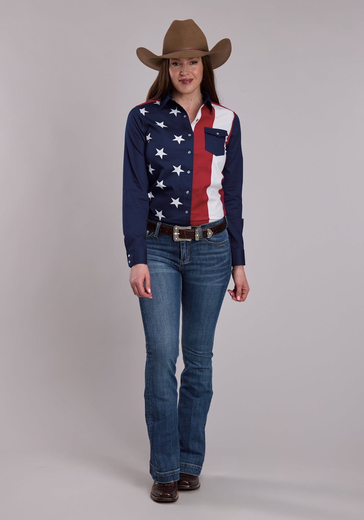 Womens Roper Vertical Stars And Stripe Print Western Snap Shirt