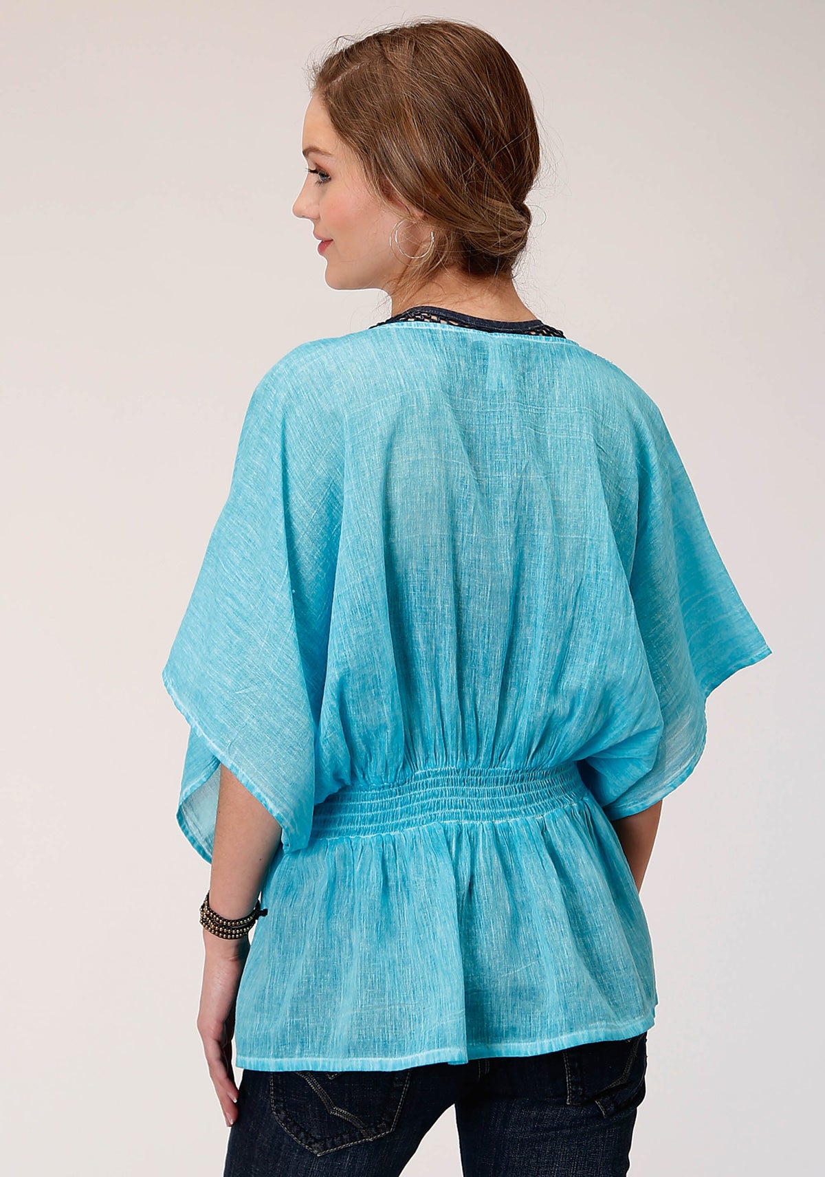 Womens Short Sleeve Cotton Crepe Emb Blouse