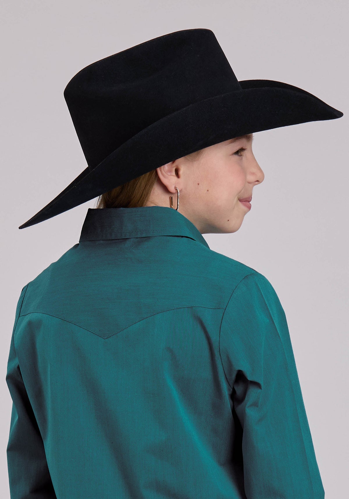 Girls Roper Solid Black Fill Teal Long Sleeve Shirt