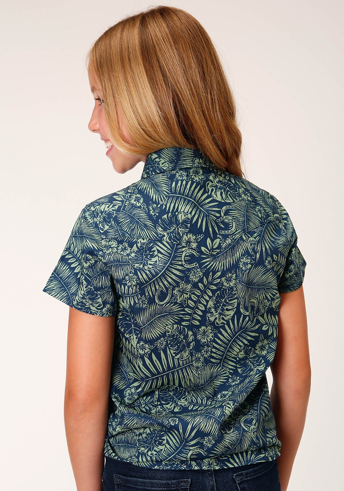 Girls Short Sleeve Snap Lucky Tropical Print Western Shirt