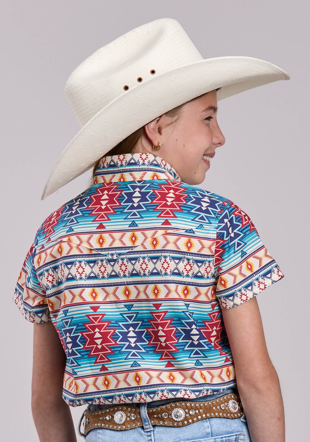 Girls Roper Horizontal Aztec Blanket Stripe Short Sleeve Shirt