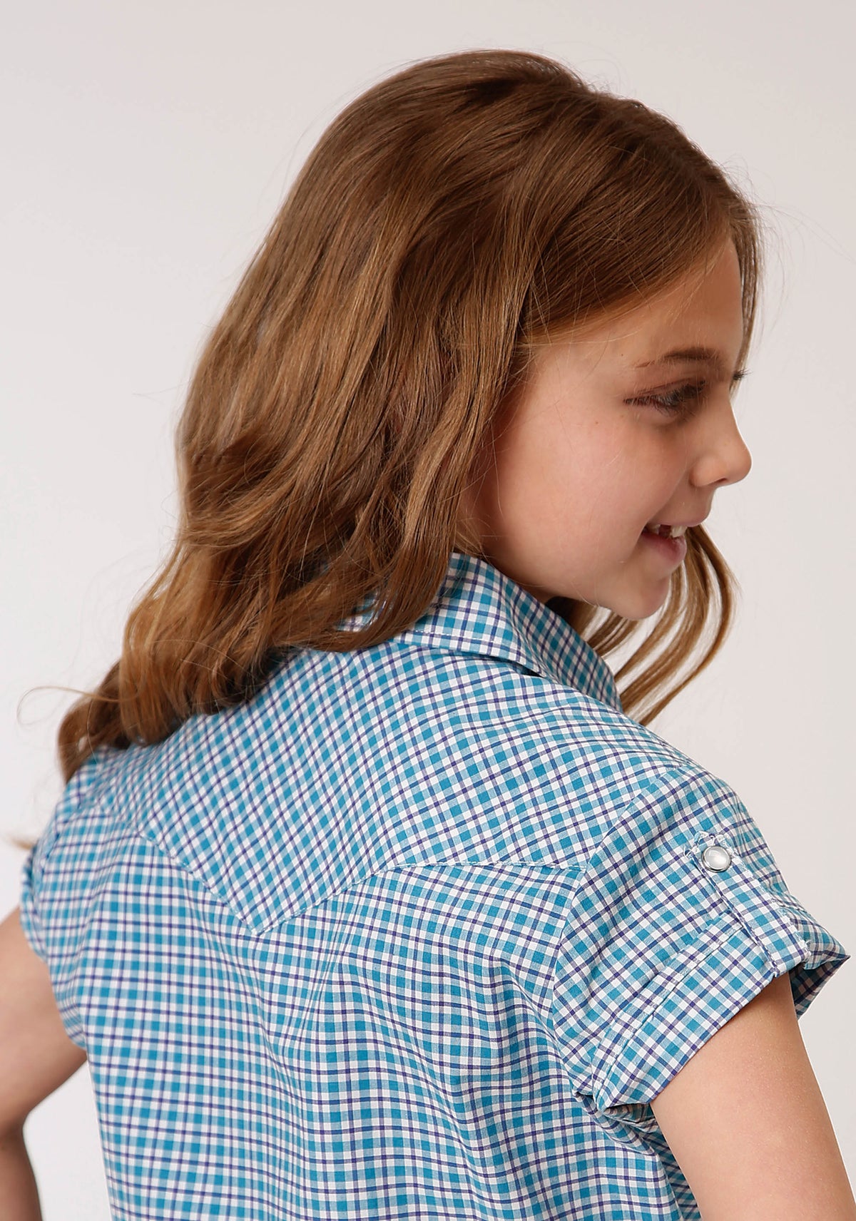 Girls Short Sleeve Snap Stretch Check Western Shirt