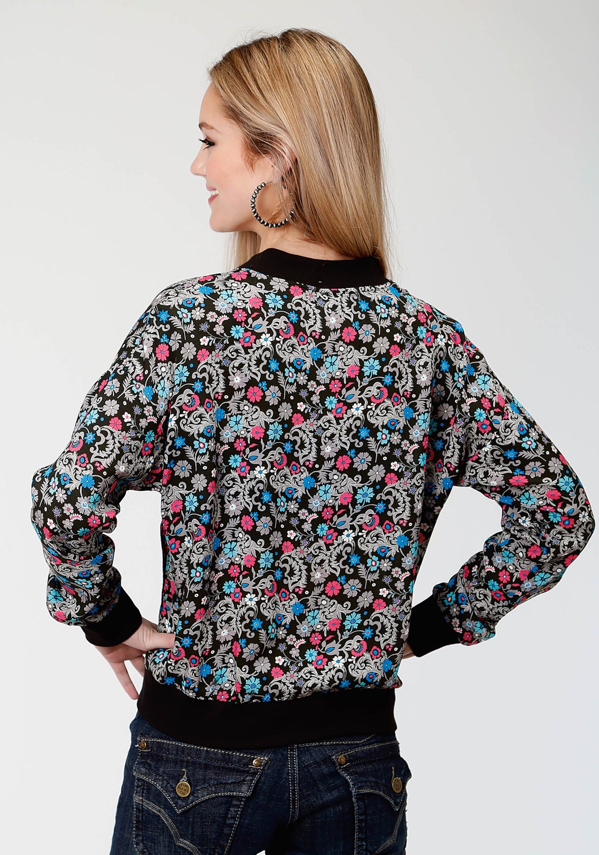 Womens Black Flower Print Bomber Jacket