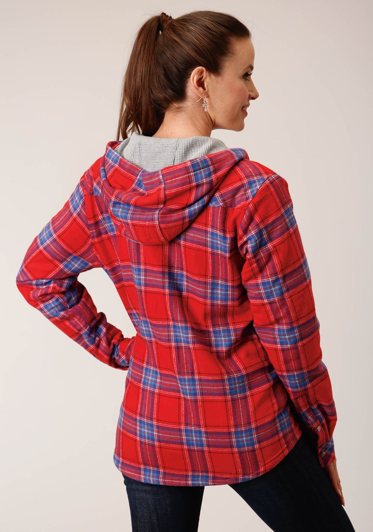 Womens Snap Thermal Lined Flannel Shirt Jacket Coral Blue White Plaid