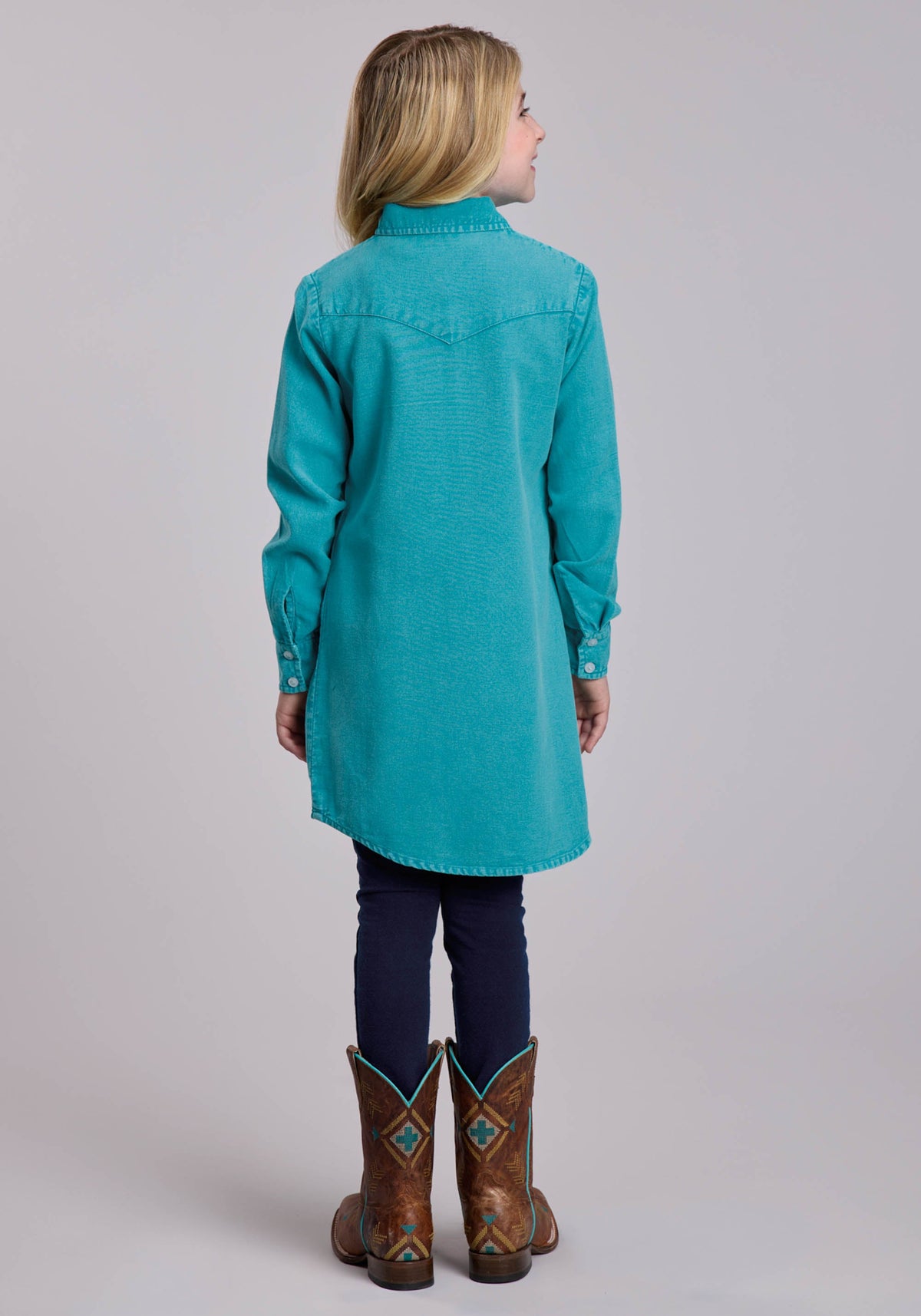 Girls Roper Solid Turquoise Cotton Twill Western Dress