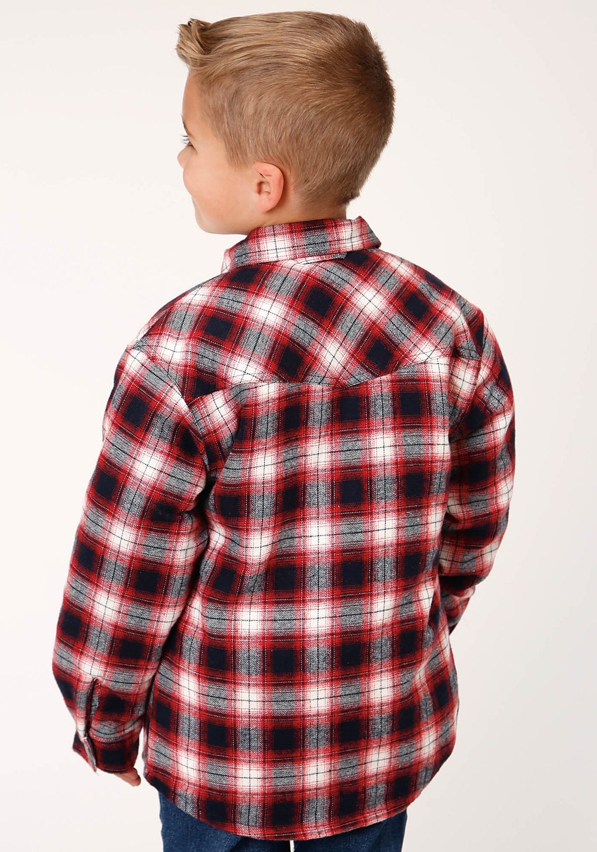 Boys Long Sleeve Snap Cranberry Plaid Western Shirt Jacket