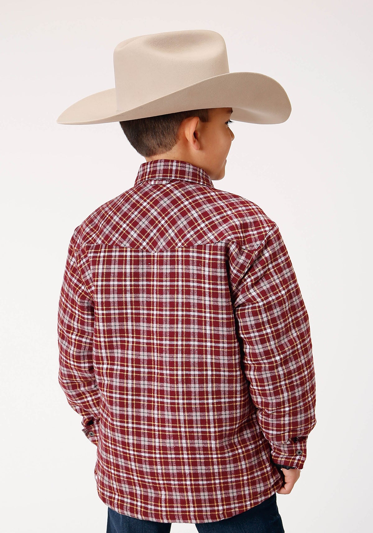 Boys Long Sleeve Snap Cranberry Plaid Western Shirt Jacket