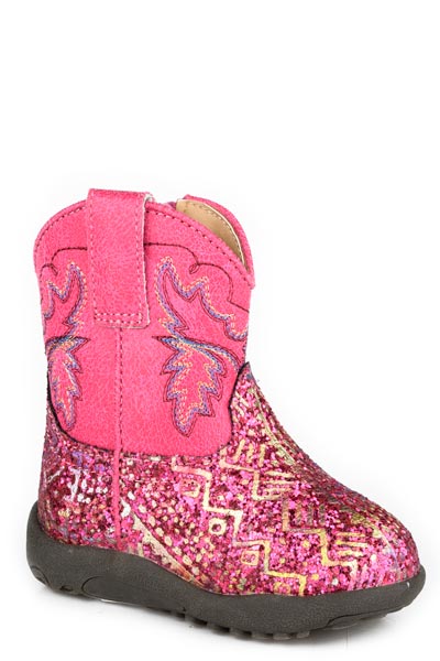 Girls Roper Fuschia Aztec Glitter Vamp Cowbabies Glitter Aztec Boots