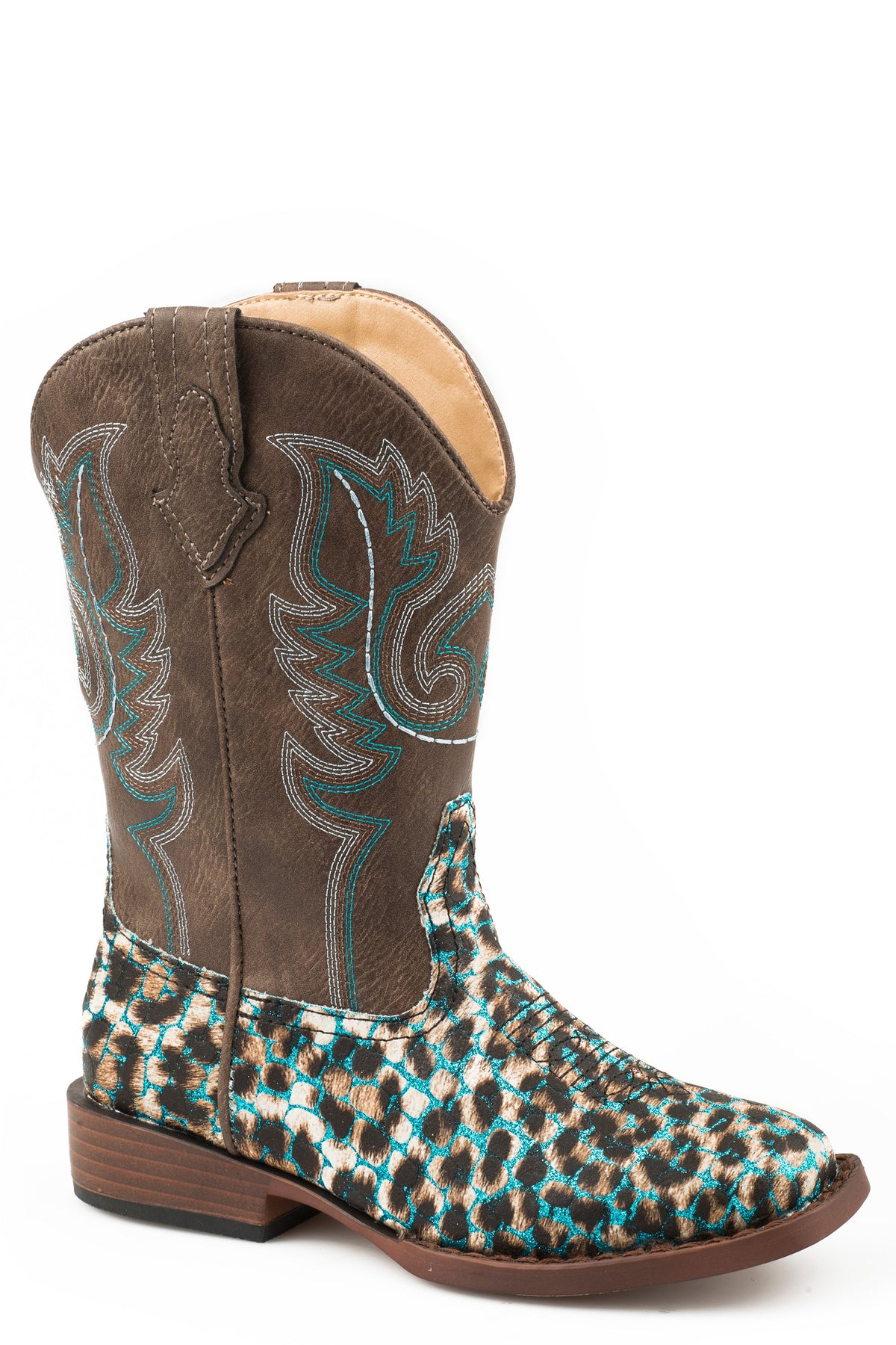 Little Girls Turquoise Glitter Leopard Print Vamp Boot With Brown Shaft