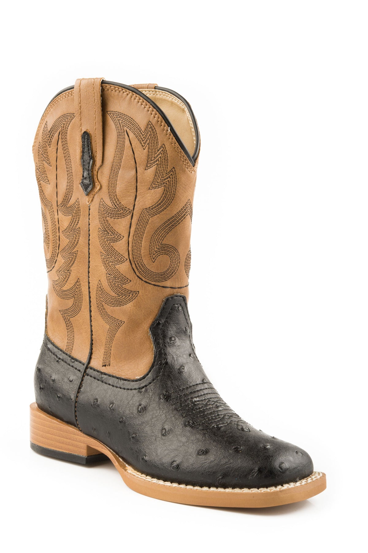 Mens Cowboy Boot Faux Leather Brown Ostrich Vamp With Tan Stitched Upper