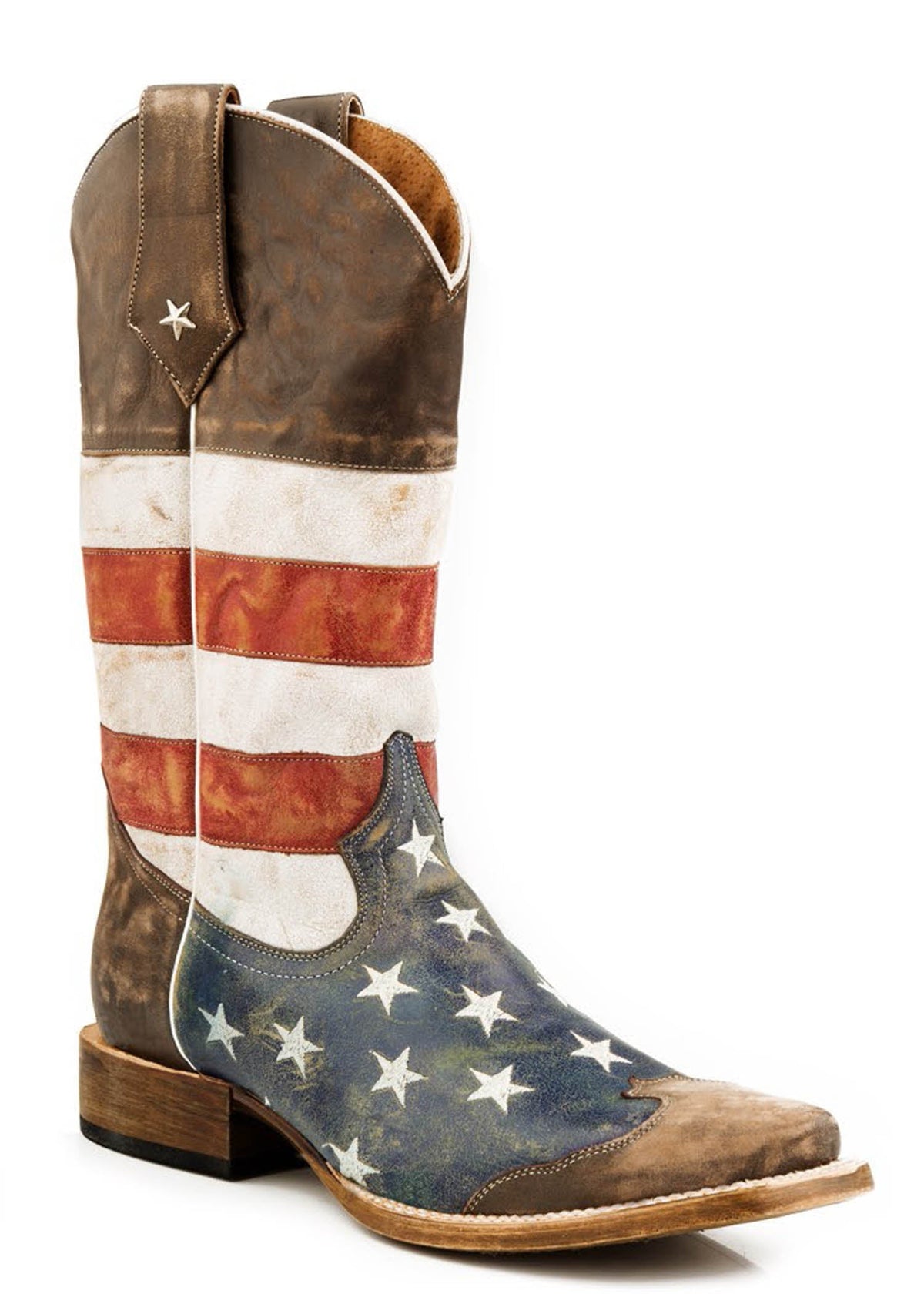 Mens Leather Cowboy Boot American Flag Distressed Brown With Red White And