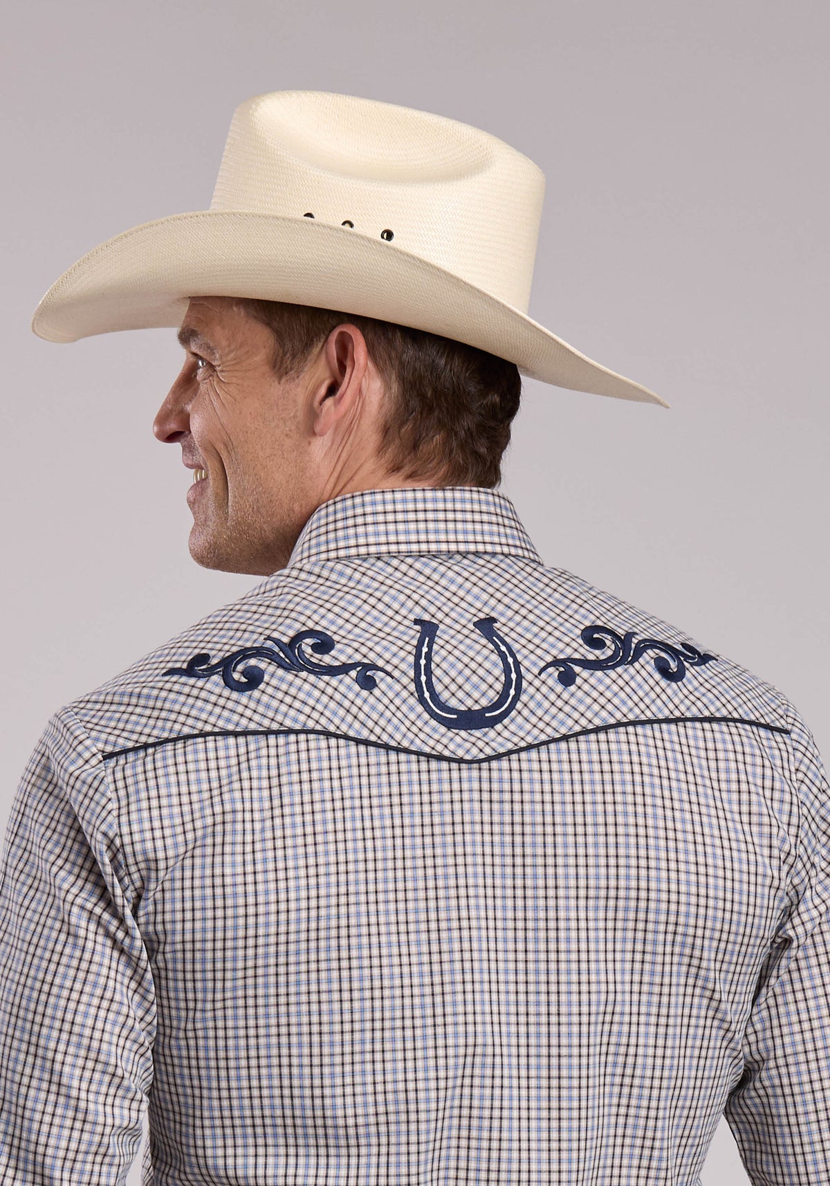 Mens Roper Blue  White Plaid Long Sleeve Snap Shirt