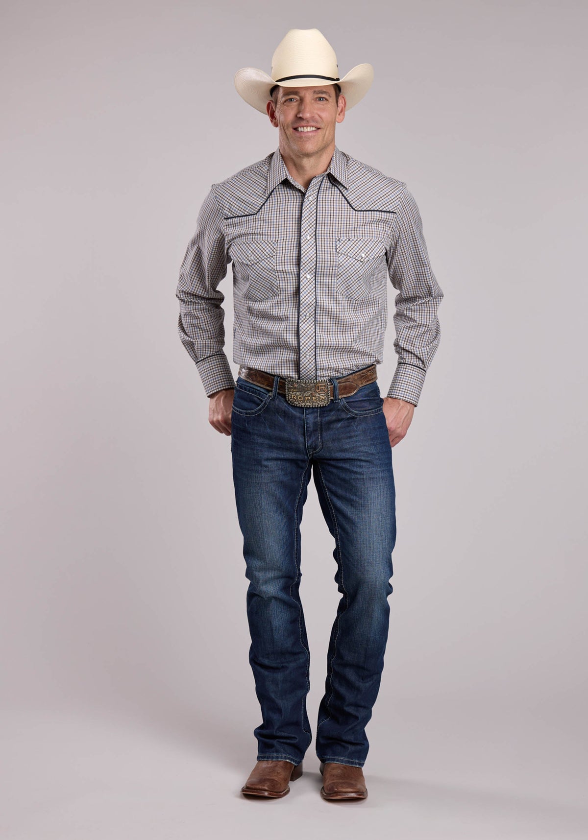 Mens Roper Blue  White Plaid Long Sleeve Snap Shirt