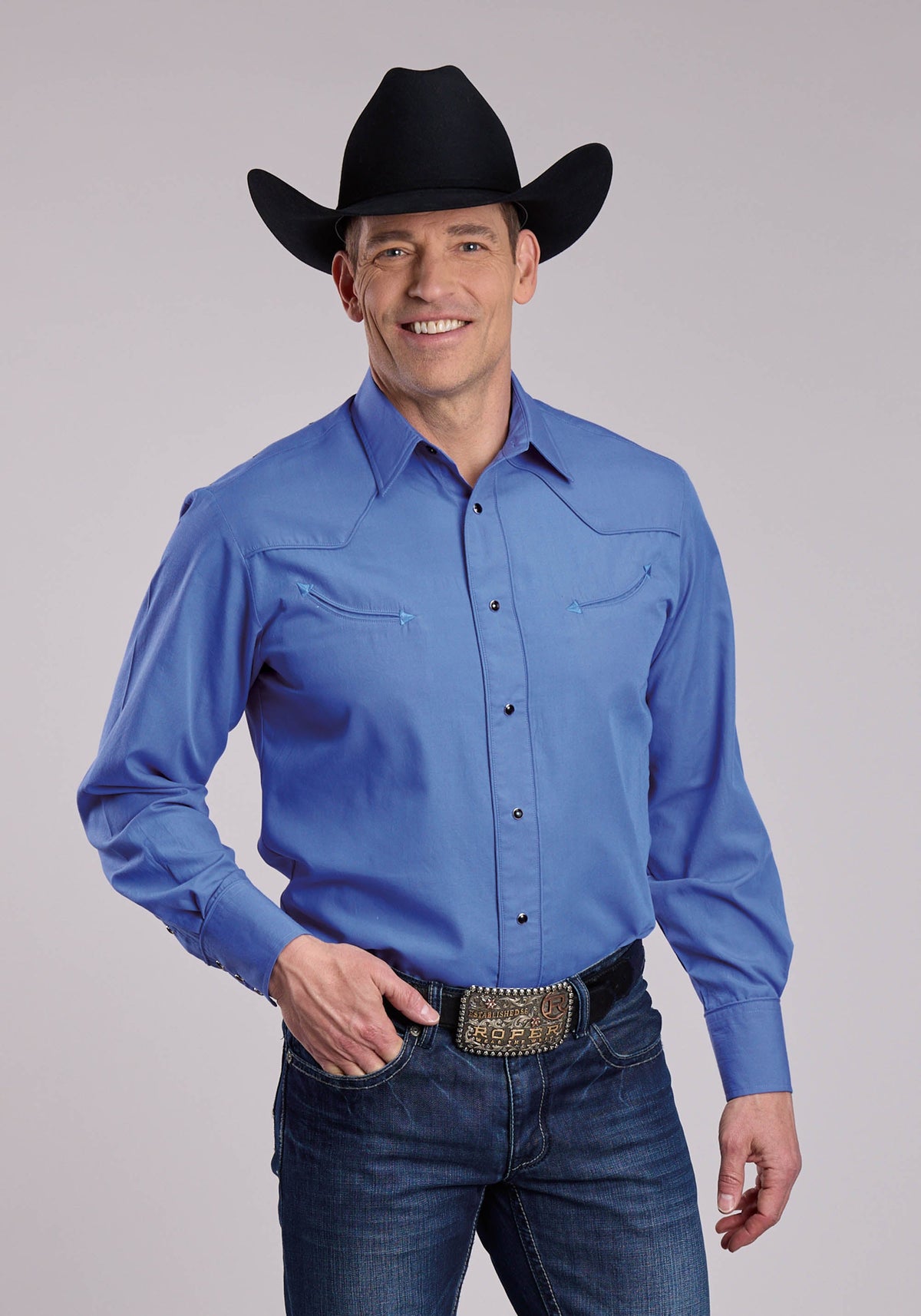 Mens Roper Solid Blue Long Sleeve Snap Shirt