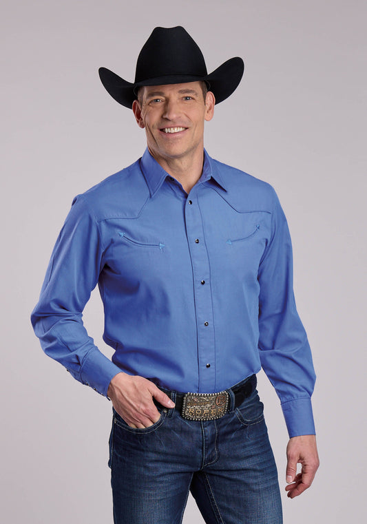 Mens Roper Solid Blue Long Sleeve Snap Shirt