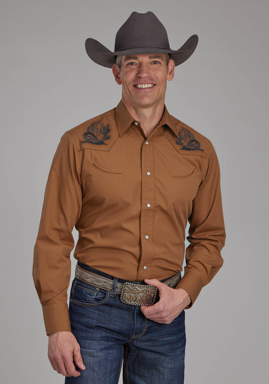 Mens Solid Rust Long Sleeve Snap Western Shirt