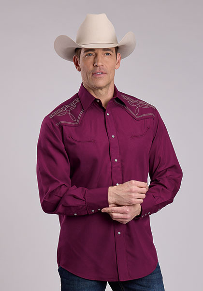 Mens Long Sleeve Snap Solid Broadcloth - Wine Western Shirt