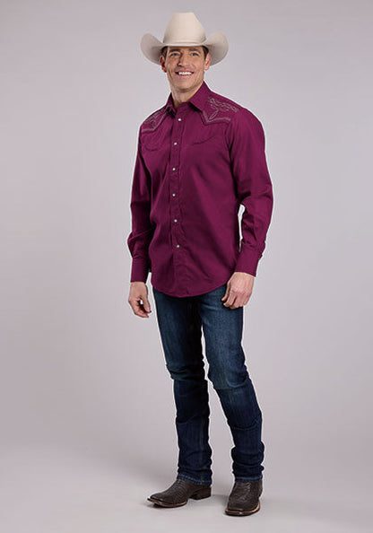 Mens Long Sleeve Snap Solid Broadcloth - Wine Western Shirt