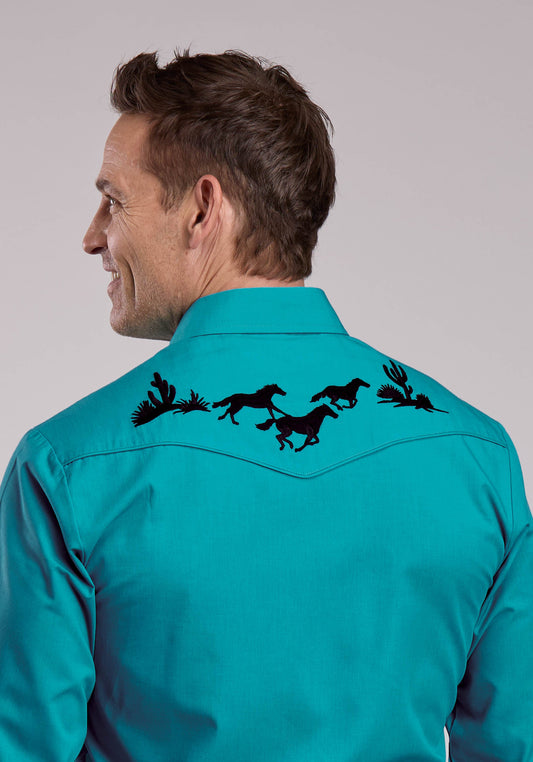 Mens Roper Solid Turquoise Long Sleeve Snap Shirt