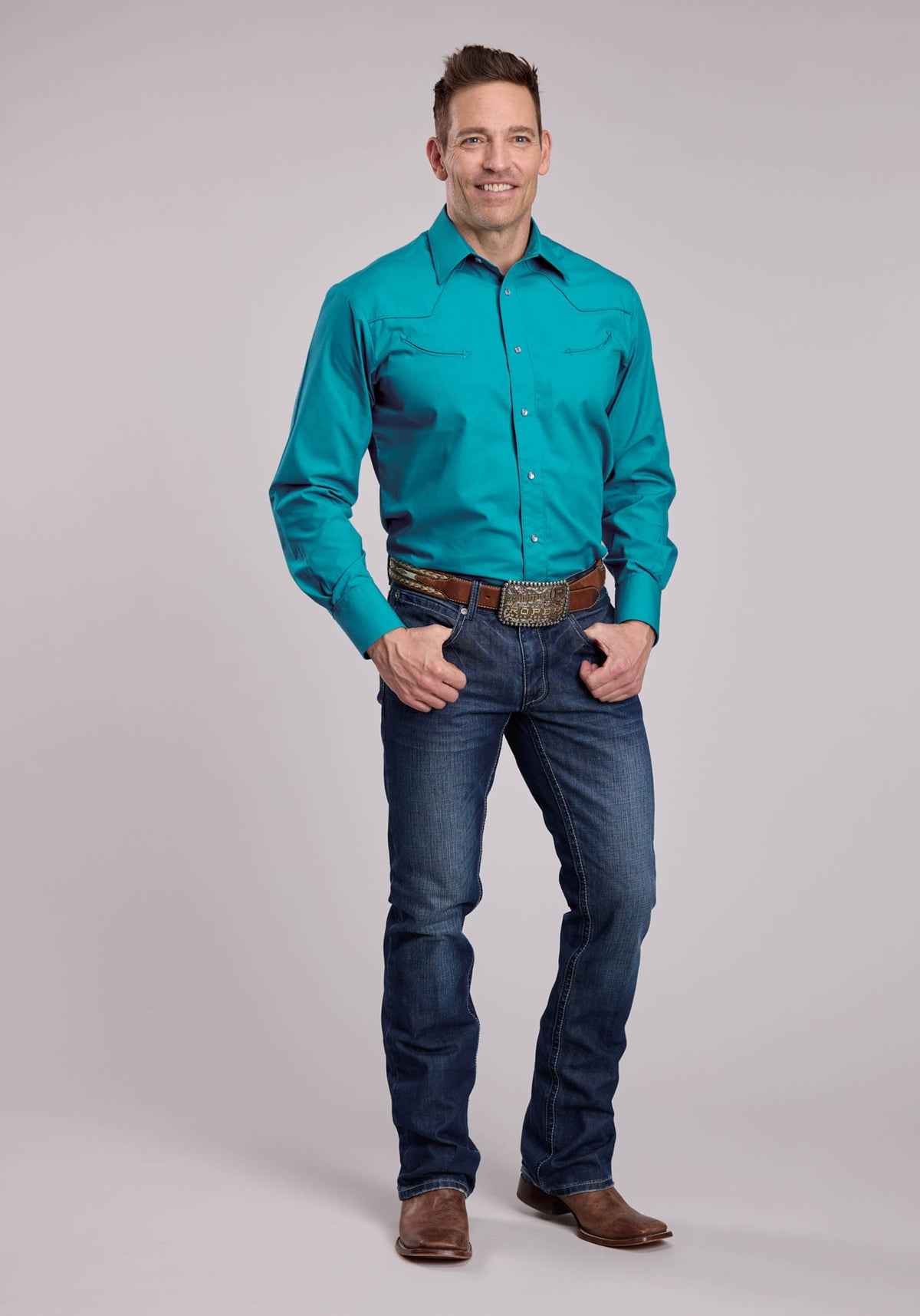 Mens Roper Solid Turquoise Long Sleeve Snap Shirt